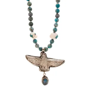 Hand Carved Eagle Pendant Gemstone & Nepal Beaded Necklace