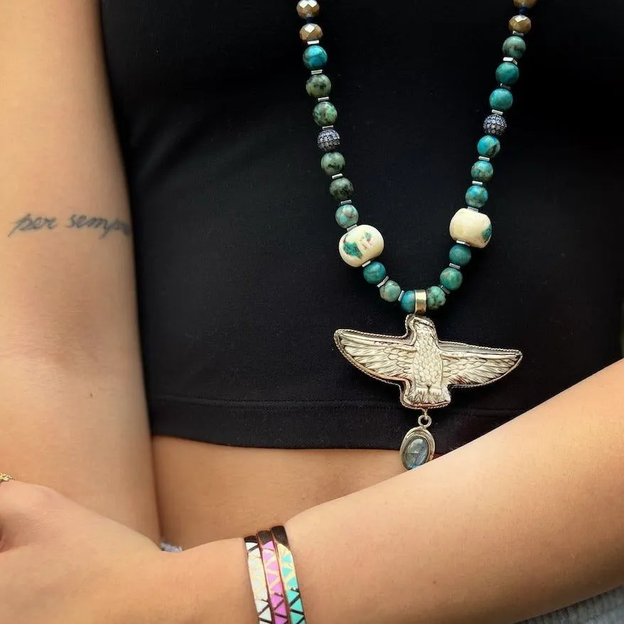 Hand Carved Eagle Pendant Gemstone & Nepal Beaded Necklace