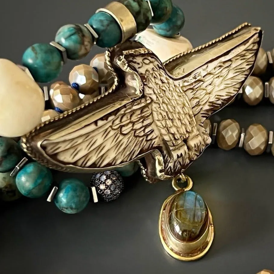 Hand Carved Eagle Pendant Gemstone & Nepal Beaded Necklace