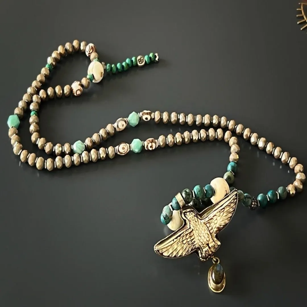 Hand Carved Eagle Pendant Gemstone & Nepal Beaded Necklace