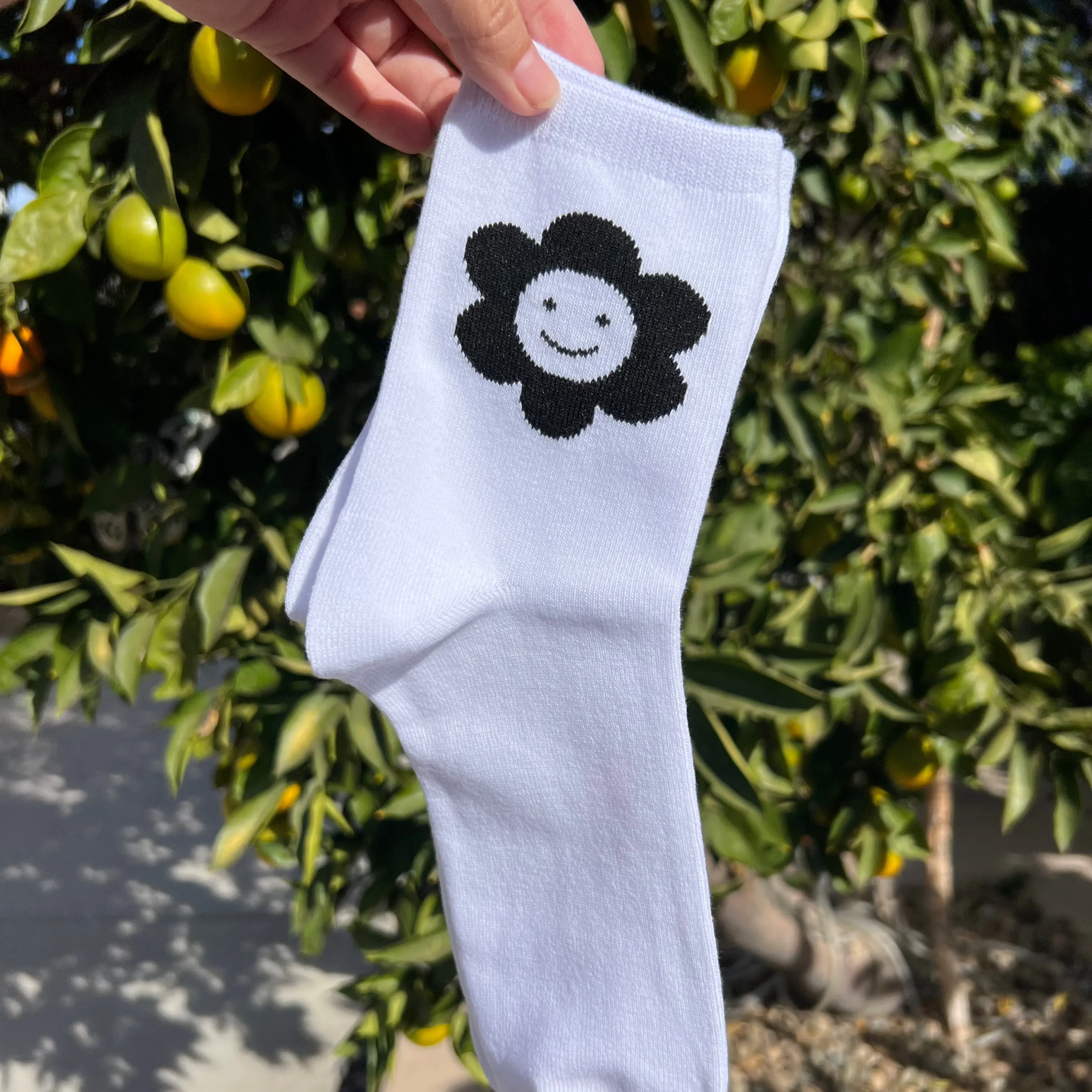 Happy Flower White and Black Socks