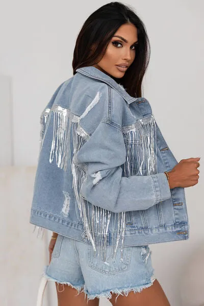 Hazel Blues® |  Sequin Fringe Trim Distressed Button Up Denim Jacket