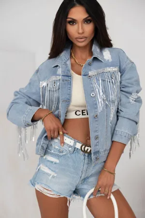 Hazel Blues® |  Sequin Fringe Trim Distressed Button Up Denim Jacket