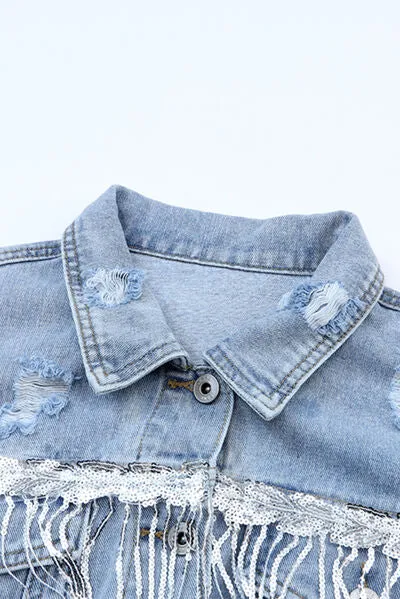 Hazel Blues® |  Sequin Fringe Trim Distressed Button Up Denim Jacket