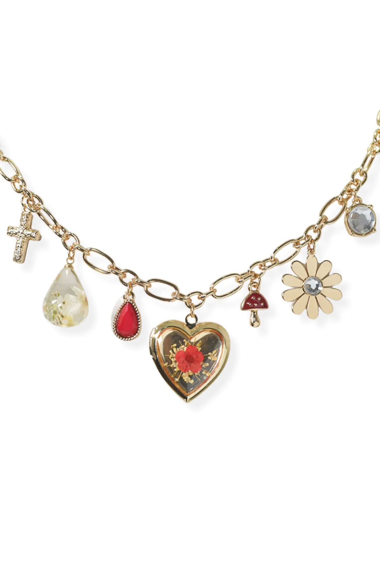 Heart Flower Charm Multi Charm Necklace