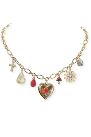 Heart Flower Charm Multi Charm Necklace