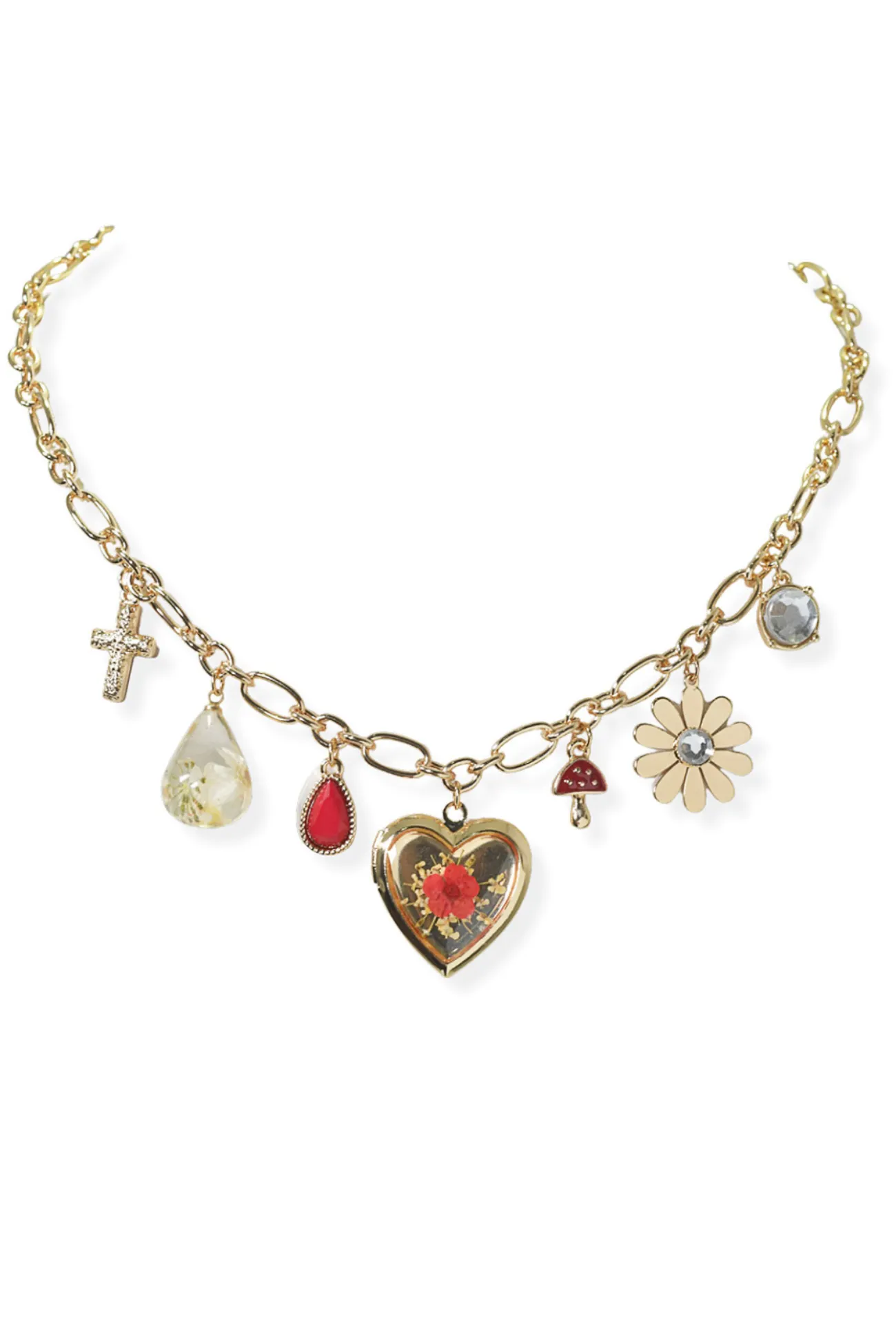 Heart Flower Charm Multi Charm Necklace