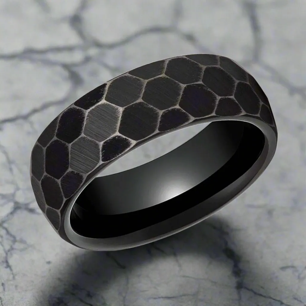 HEXANITE | Black Tungsten Ring, Antiqued Faceted Hammered, Domed