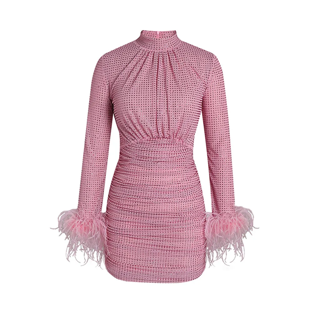 High Neck Long Sleeve Rhinestone Mini Dress KLYF1051