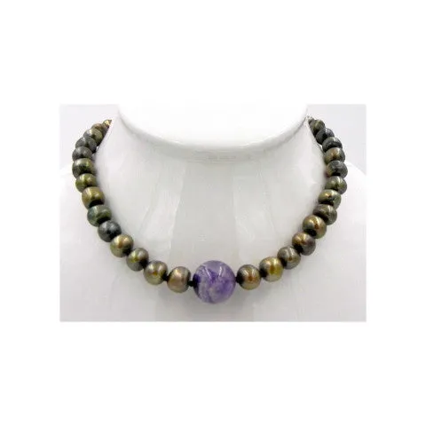 Jella Iridescent Olive Pearl and Amethyst Necklace