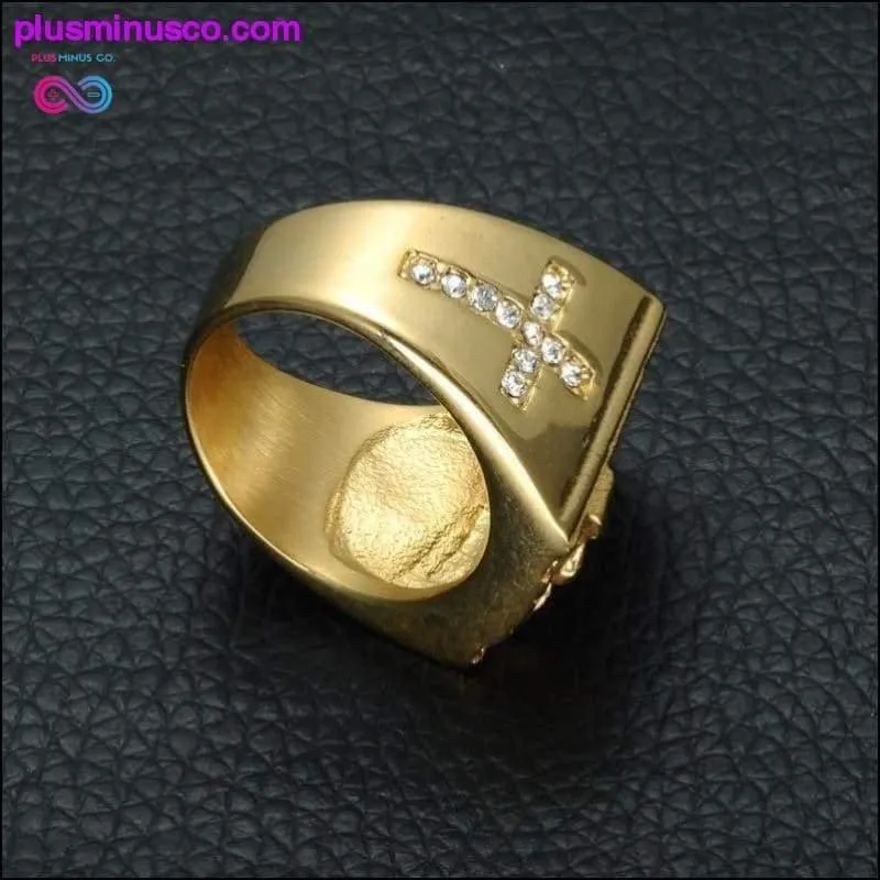 Jesus Cross White Cubic Zirconia Ring for Men Gold Tone