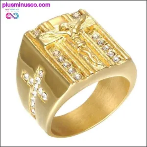 Jesus Cross White Cubic Zirconia Ring for Men Gold Tone