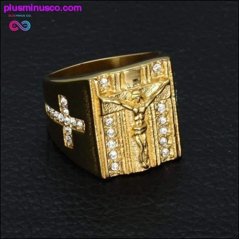 Jesus Cross White Cubic Zirconia Ring for Men Gold Tone