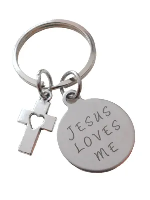 Jesus Loves Me Small Saying Disc Keychain with Small Cross Charm, Religious Keychain