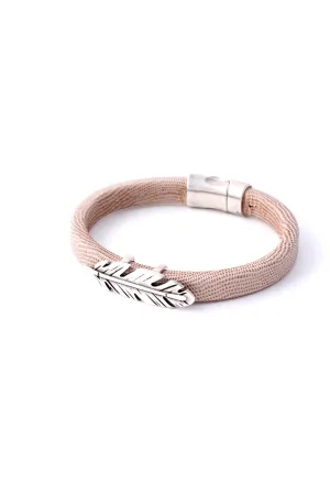 Khaki Italian Leather Station Bracelet with Pewter Feather Accent