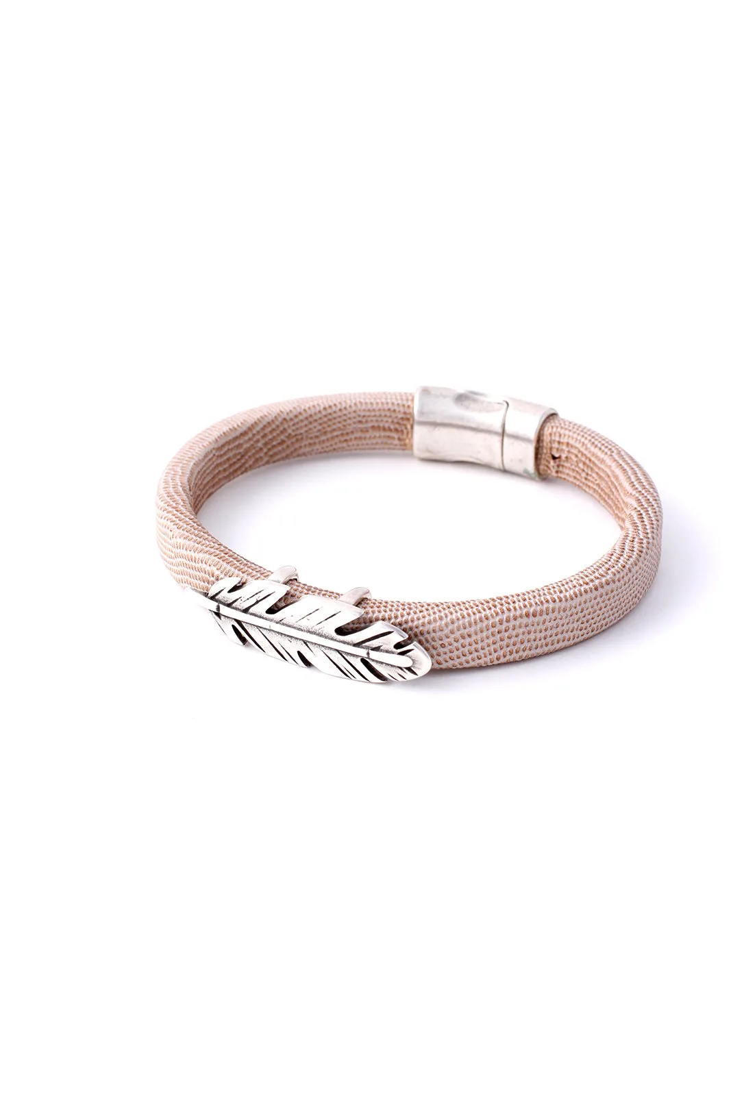 Khaki Italian Leather Station Bracelet with Pewter Feather Accent