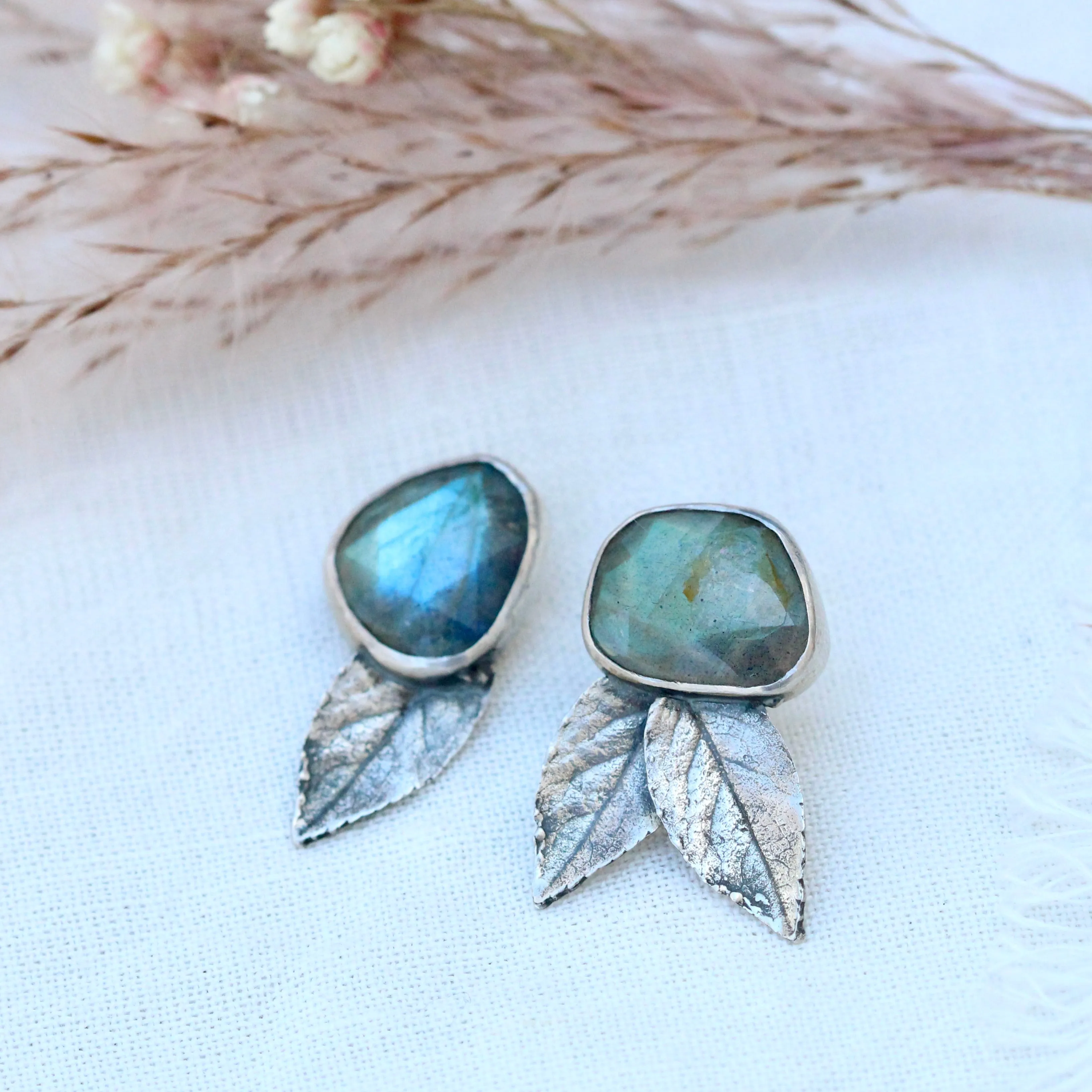 Labradorite and rose leaves sterling silver post earrings