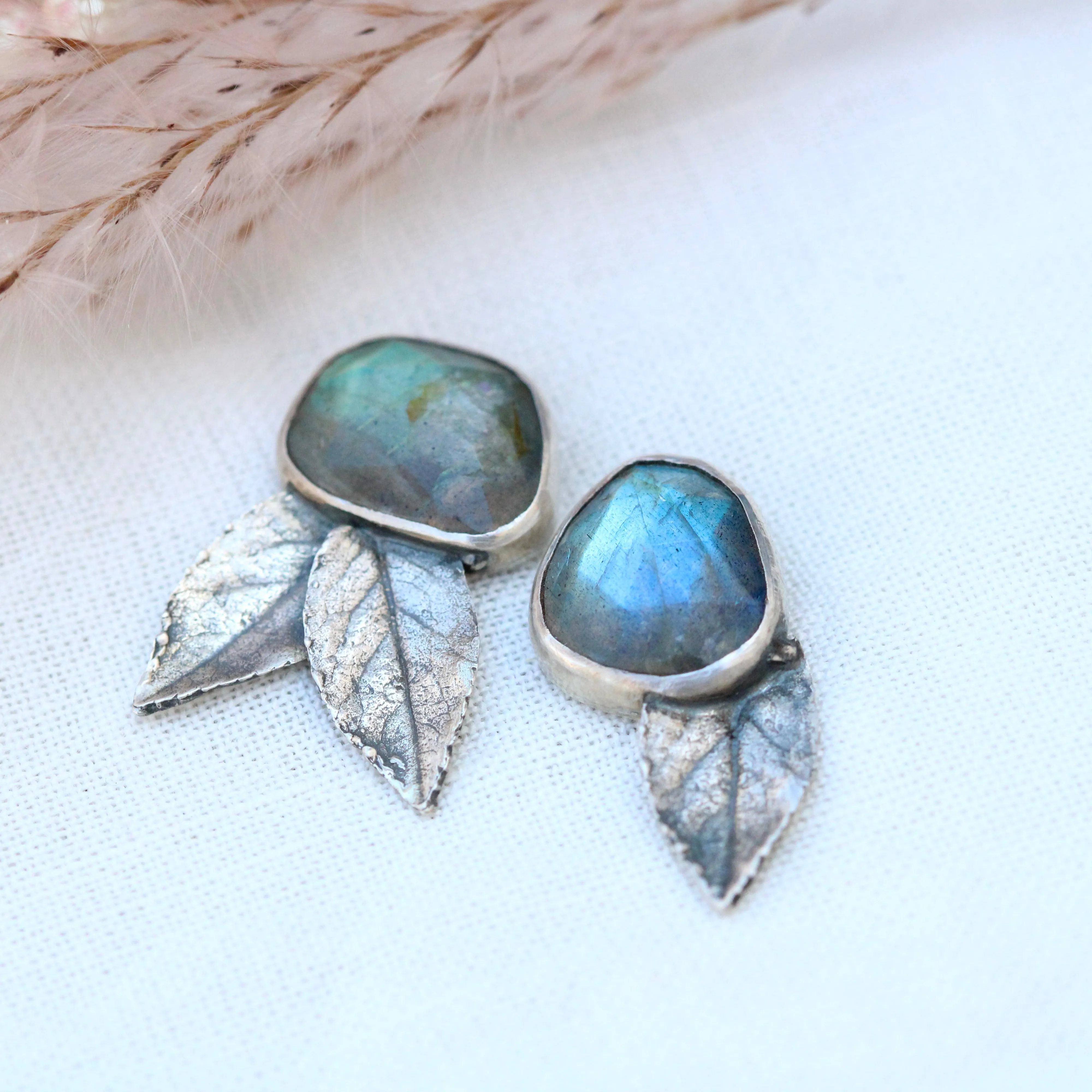 Labradorite and rose leaves sterling silver post earrings