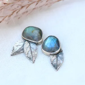 Labradorite and rose leaves sterling silver post earrings