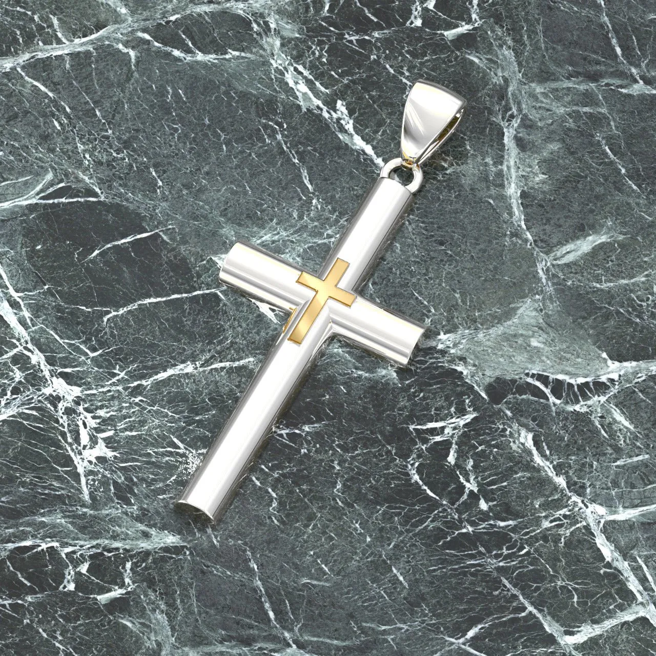 Ladies Domed 925 Sterling Silver with 14k Yellow Gold Double Cross Pendant Necklace, 35mm