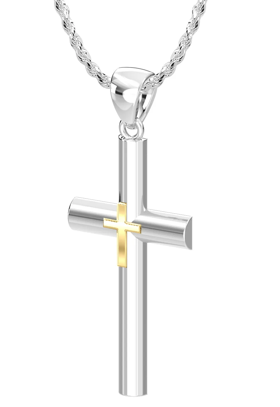 Ladies Domed 925 Sterling Silver with 14k Yellow Gold Double Cross Pendant Necklace, 35mm