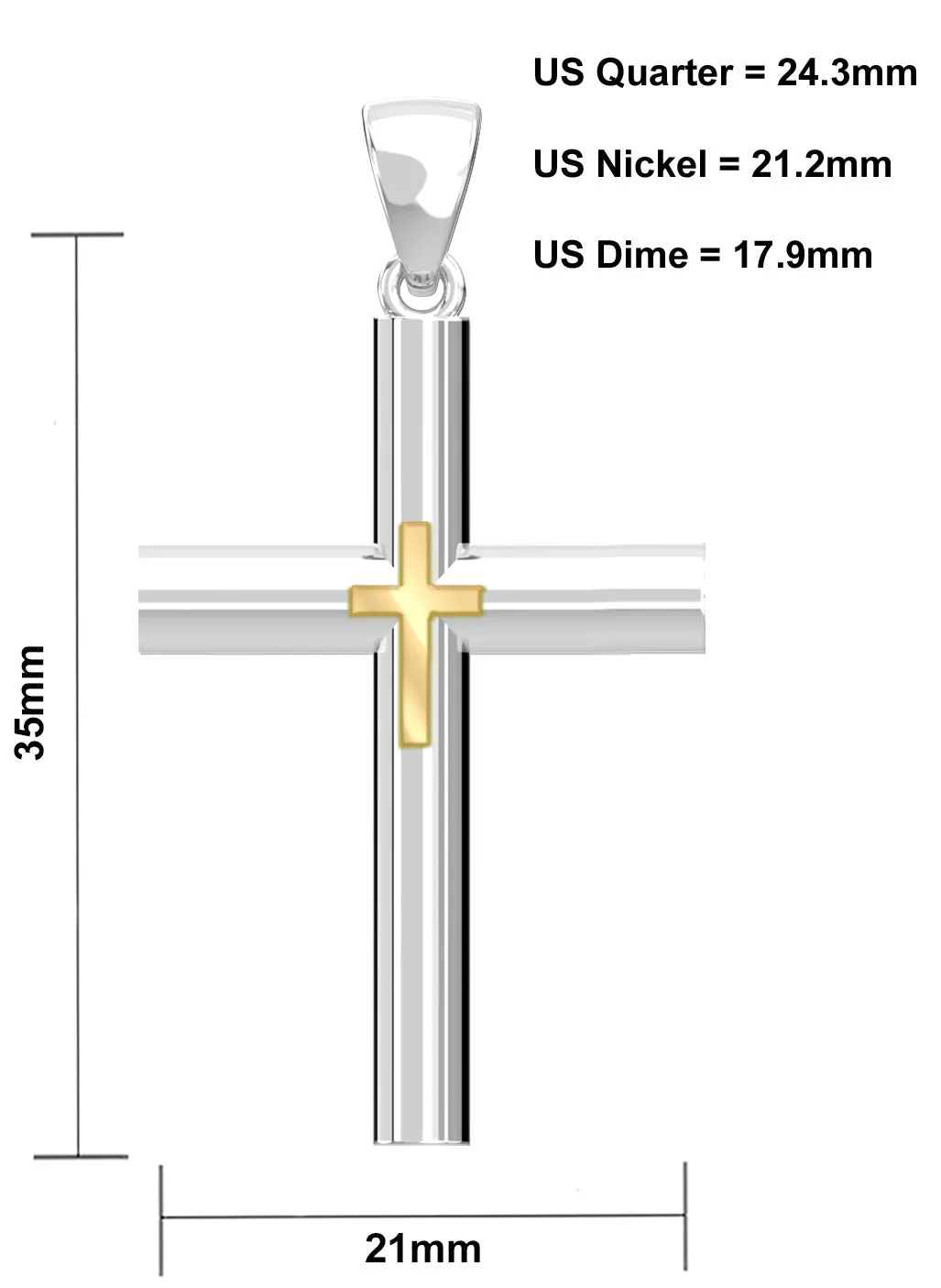 Ladies Domed 925 Sterling Silver with 14k Yellow Gold Double Cross Pendant Necklace, 35mm