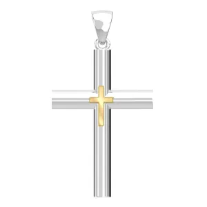 Ladies Domed 925 Sterling Silver with 14k Yellow Gold Double Cross Pendant Necklace, 35mm