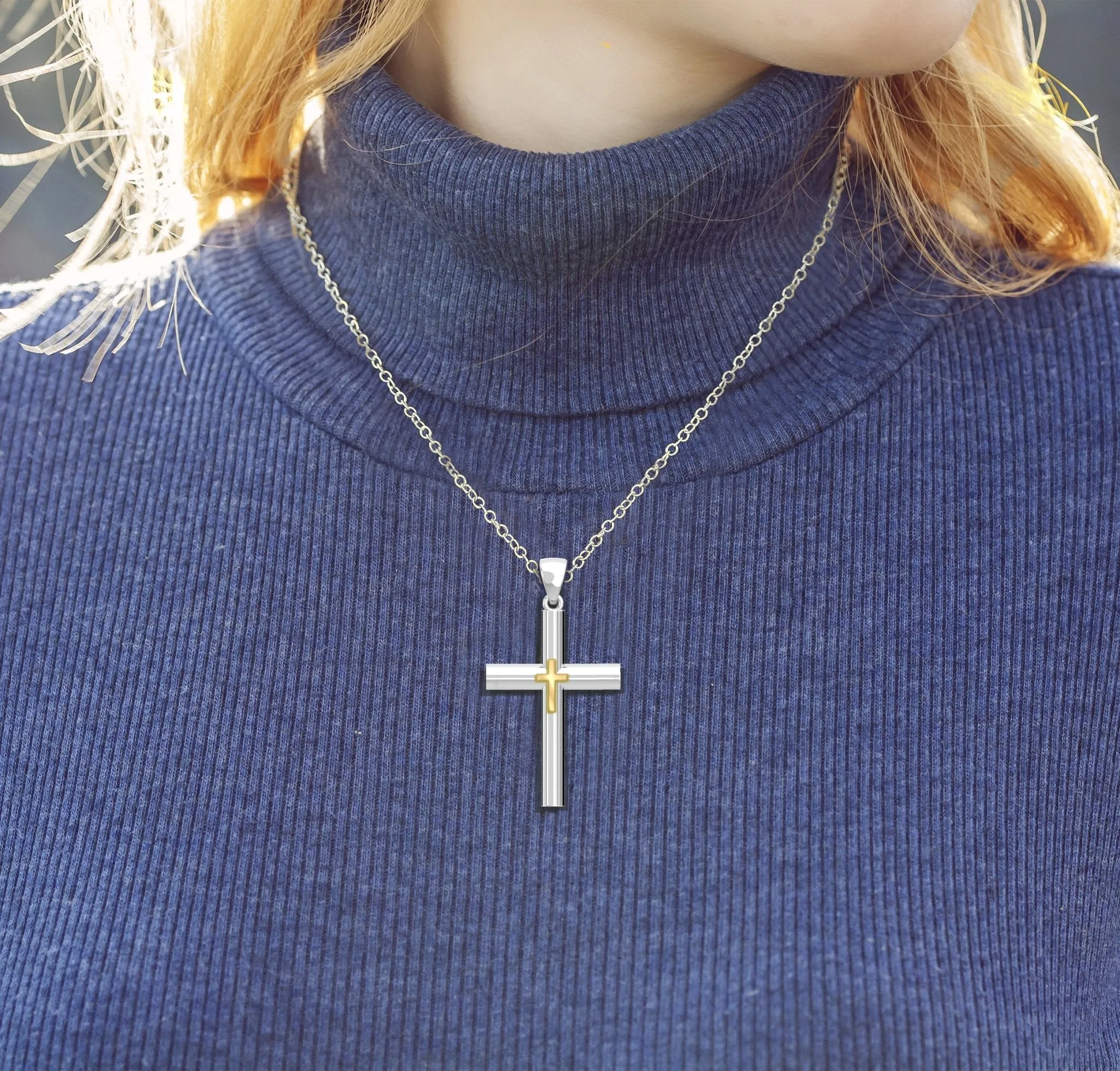 Ladies Domed 925 Sterling Silver with 14k Yellow Gold Double Cross Pendant Necklace, 35mm