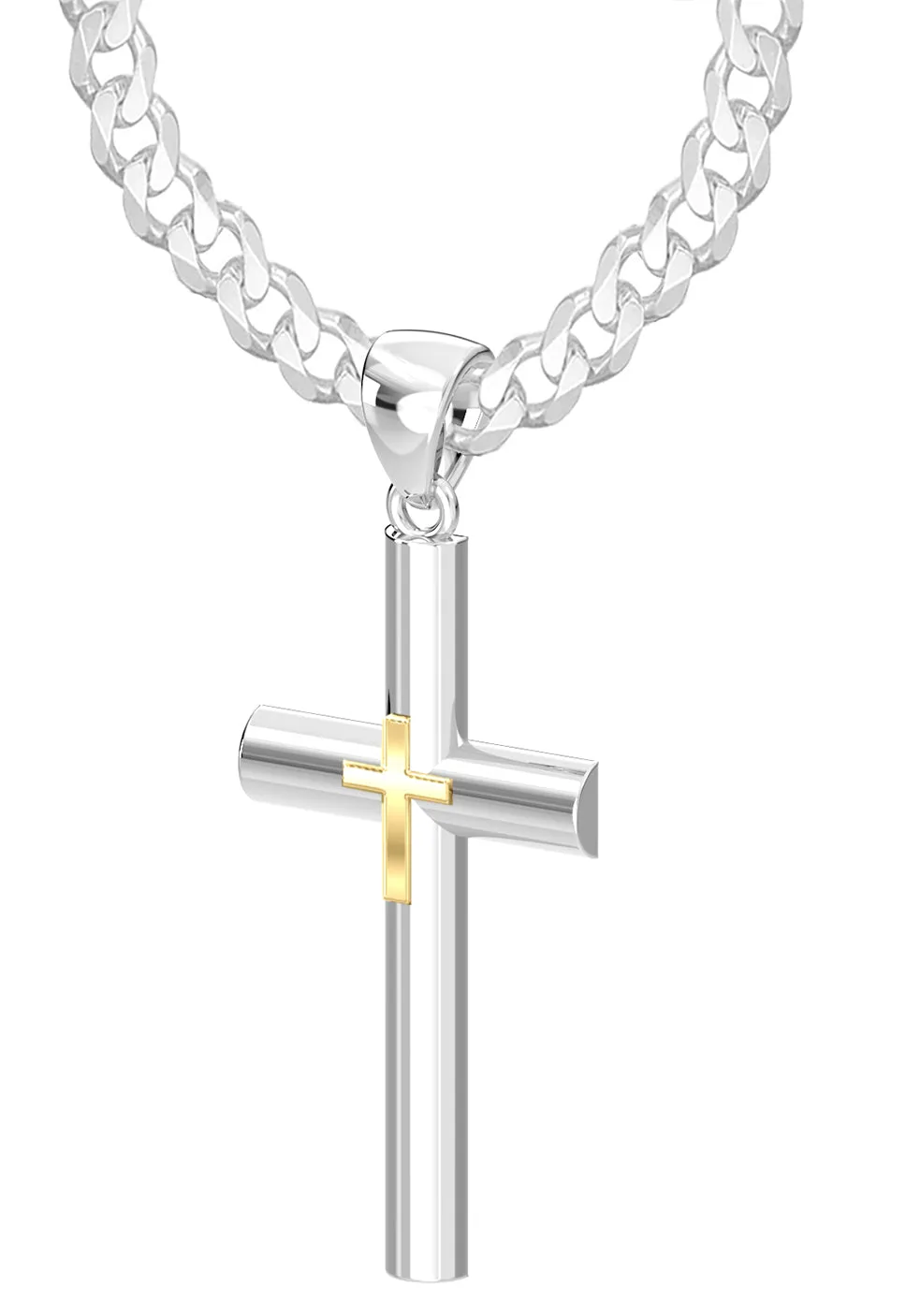 Ladies Domed 925 Sterling Silver with 14k Yellow Gold Double Cross Pendant Necklace, 35mm
