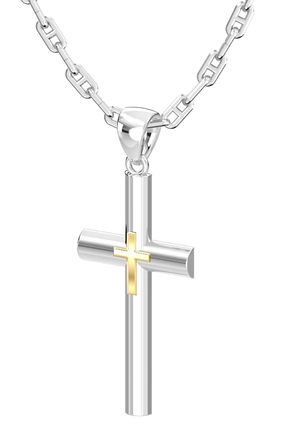 Ladies Domed 925 Sterling Silver with 14k Yellow Gold Double Cross Pendant Necklace, 35mm