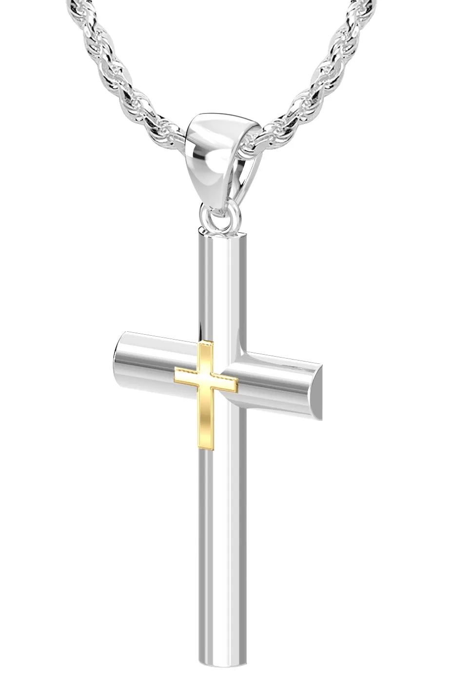 Ladies Domed 925 Sterling Silver with 14k Yellow Gold Double Cross Pendant Necklace, 35mm