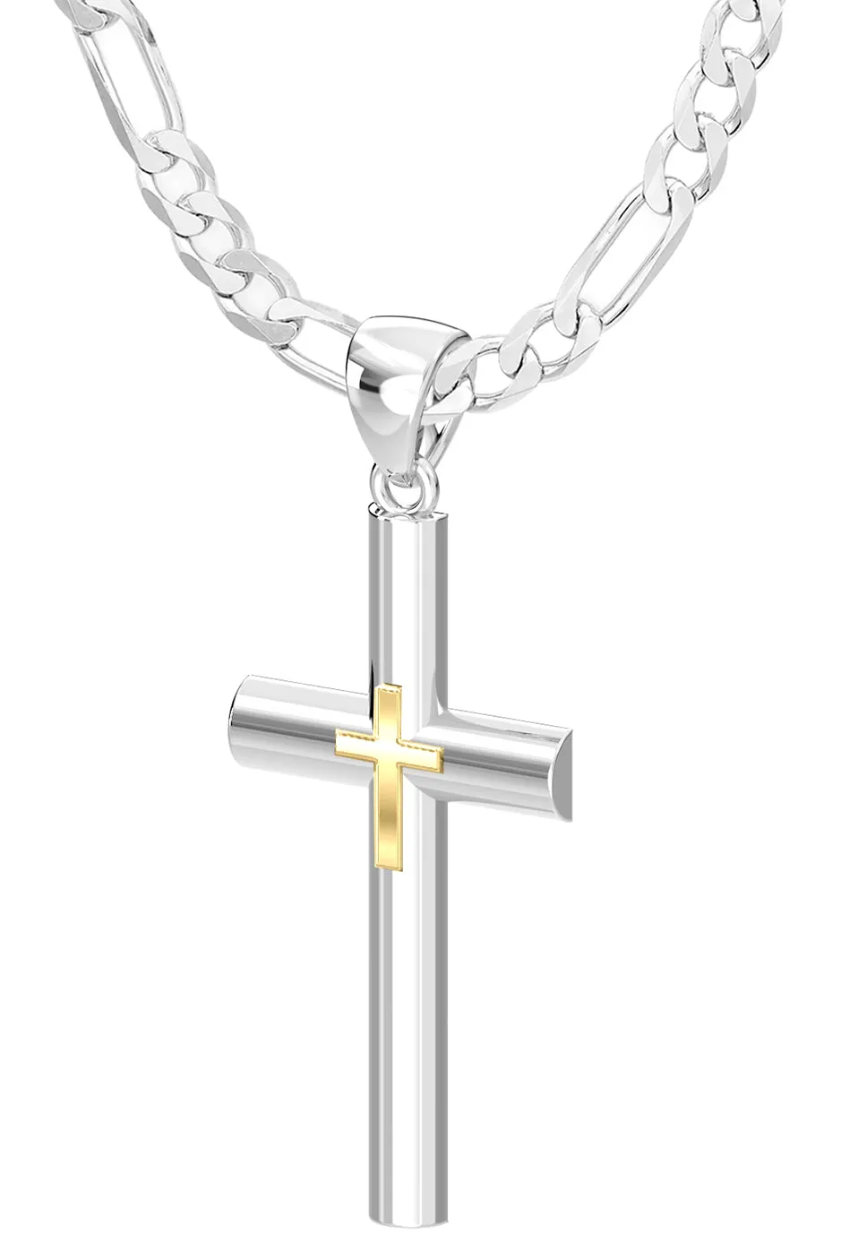 Ladies Domed 925 Sterling Silver with 14k Yellow Gold Double Cross Pendant Necklace, 35mm
