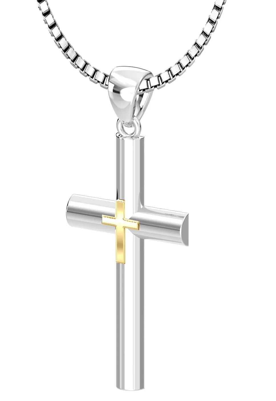 Ladies Domed 925 Sterling Silver with 14k Yellow Gold Double Cross Pendant Necklace, 35mm