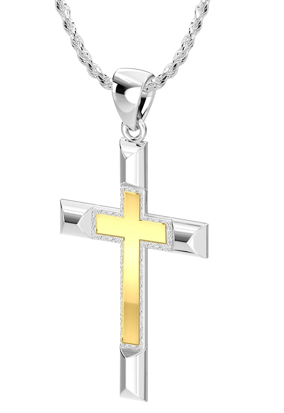 Ladies Solid 925 Sterling Silver and 14k Gold Cross High Polished Pendant Necklace, 32mm