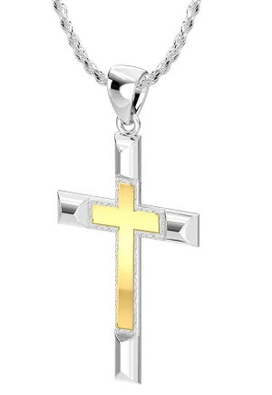 Ladies Solid 925 Sterling Silver and 14k Gold Cross High Polished Pendant Necklace, 32mm