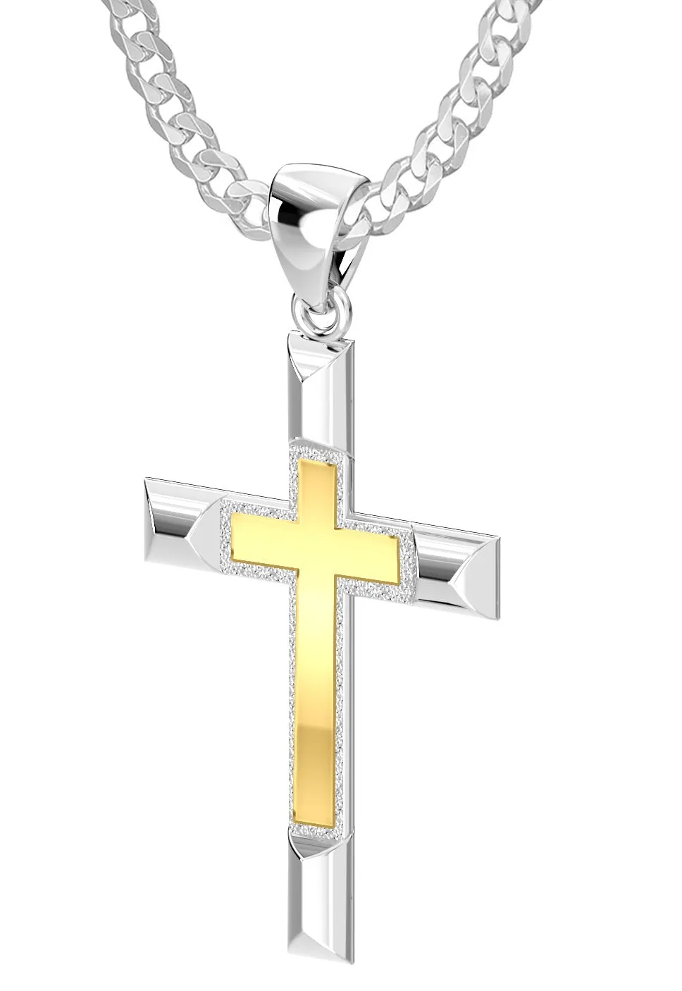 Ladies Solid 925 Sterling Silver and 14k Gold Cross High Polished Pendant Necklace, 32mm