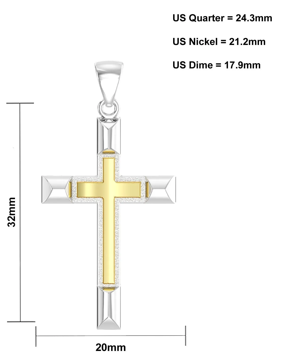 Ladies Solid 925 Sterling Silver and 14k Gold Cross High Polished Pendant Necklace, 32mm