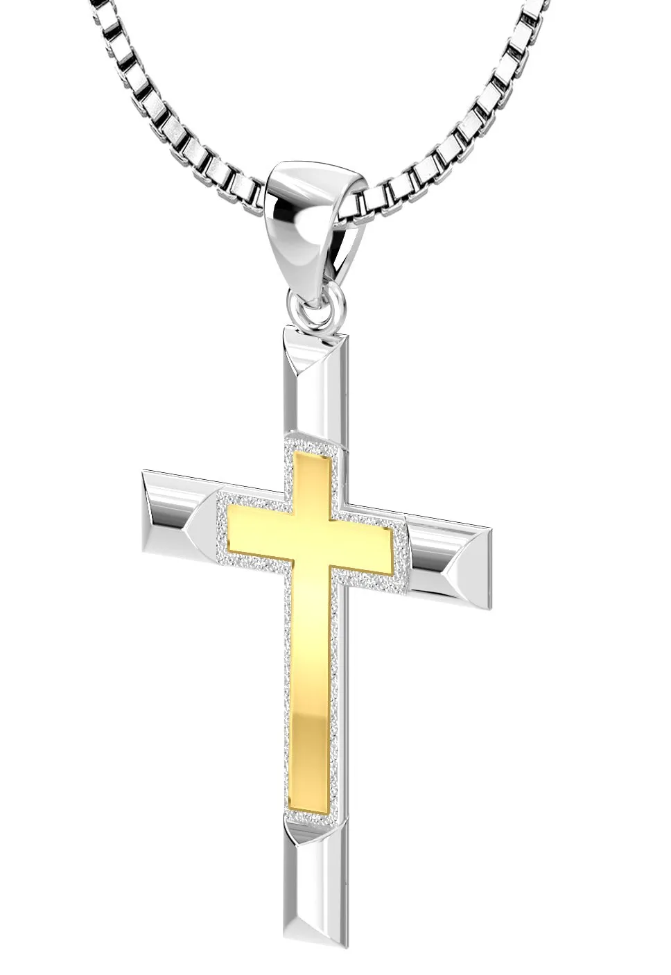 Ladies Solid 925 Sterling Silver and 14k Gold Cross High Polished Pendant Necklace, 32mm