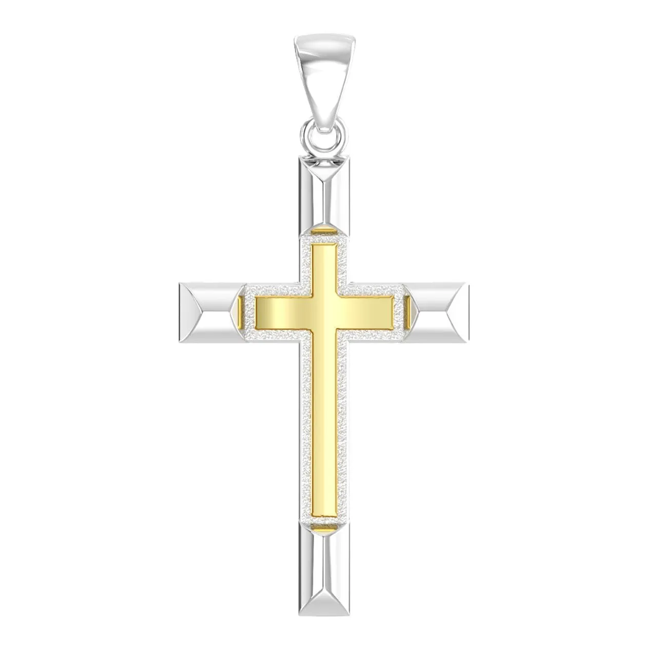 Ladies Solid 925 Sterling Silver and 14k Gold Cross High Polished Pendant Necklace, 32mm