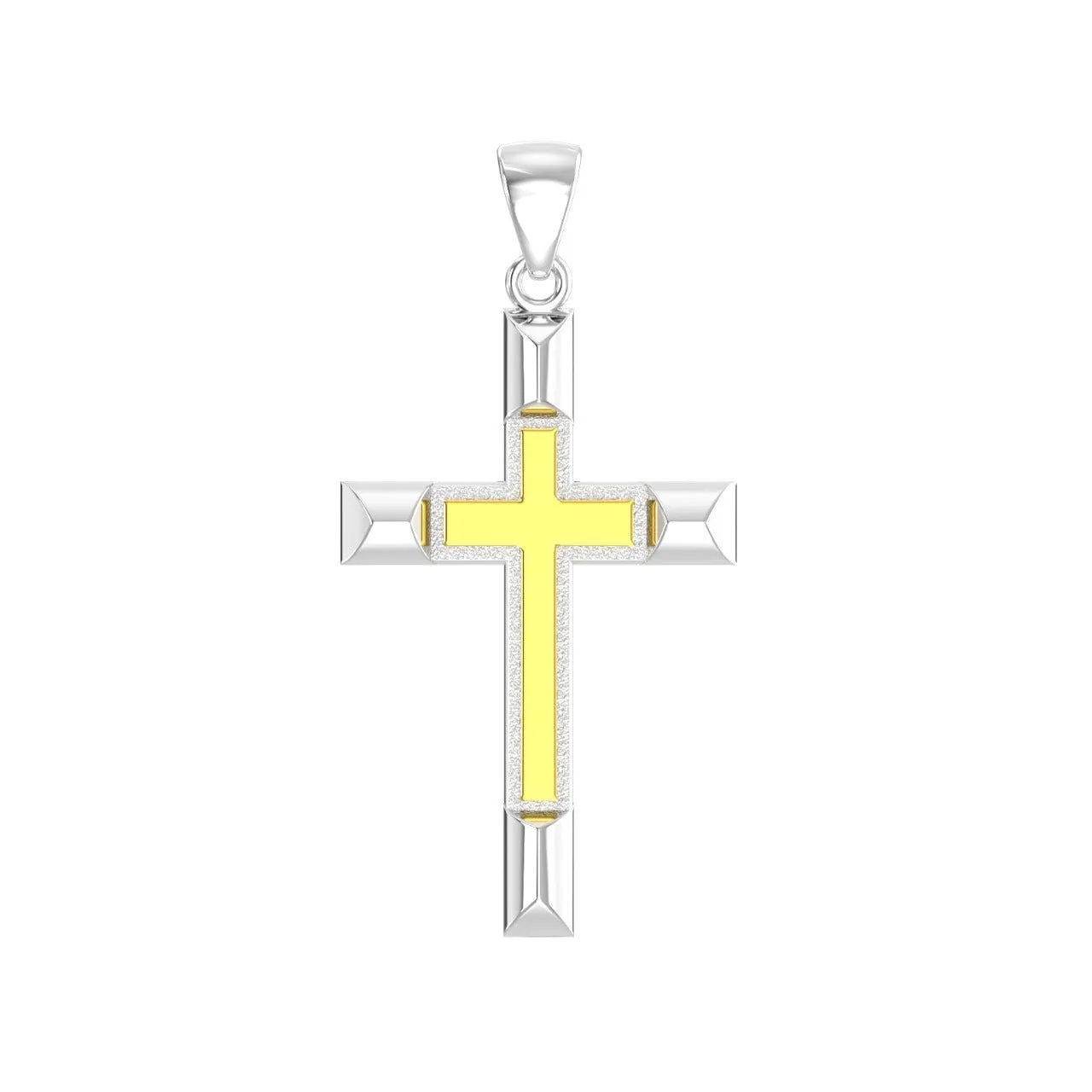Ladies Solid 925 Sterling Silver and 14k Gold Cross High Polished Pendant Necklace, 32mm