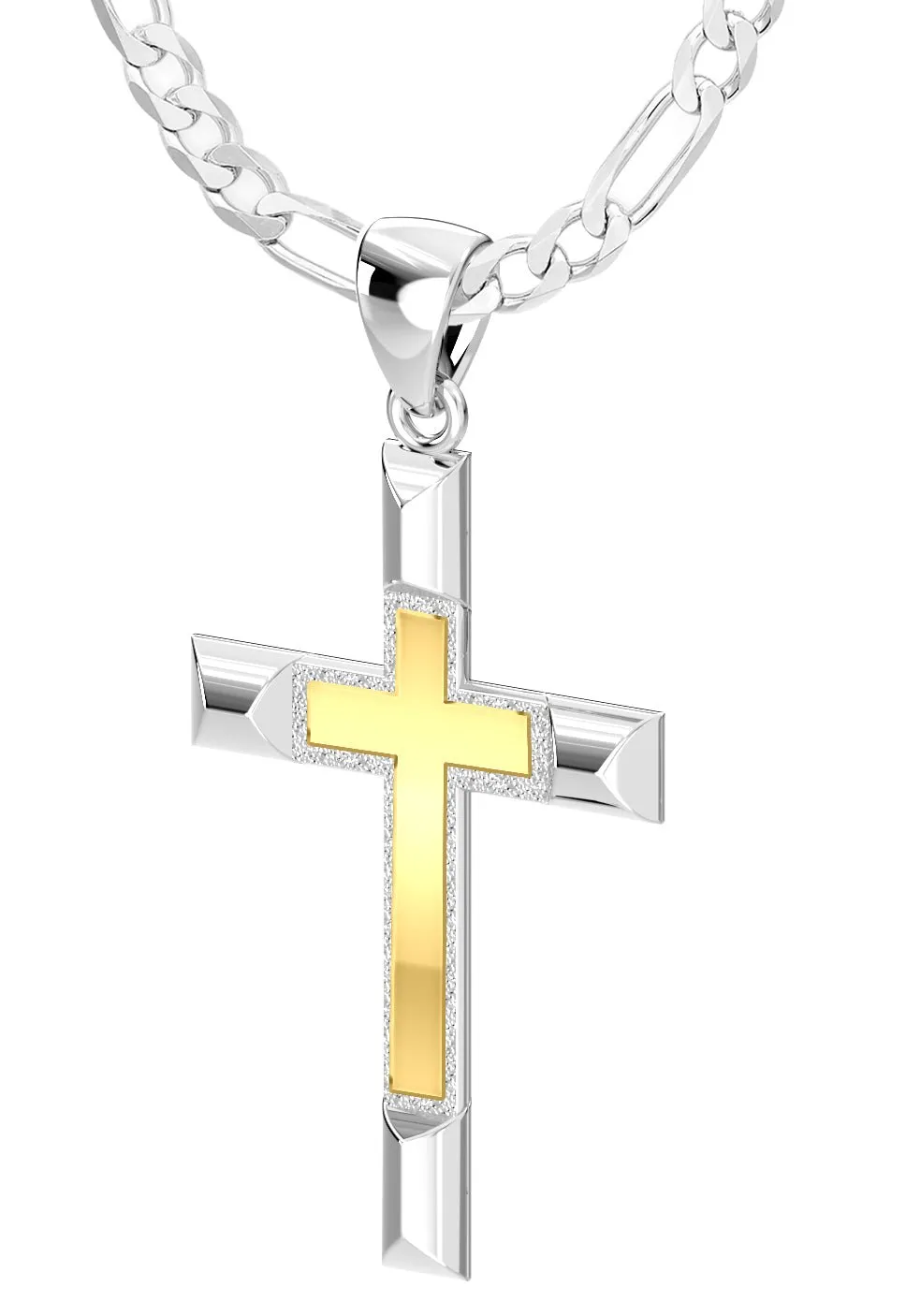 Ladies Solid 925 Sterling Silver and 14k Gold Cross High Polished Pendant Necklace, 32mm