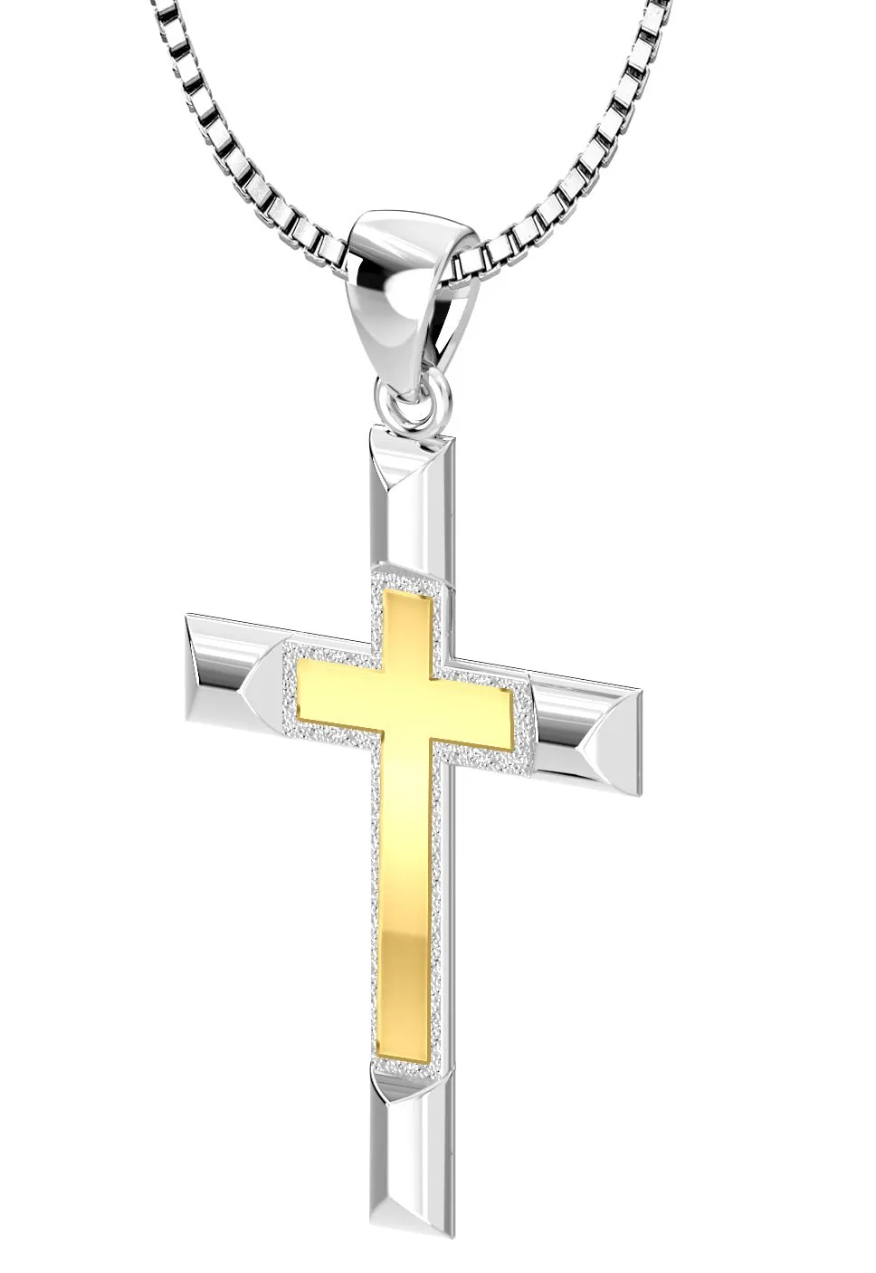 Ladies Solid 925 Sterling Silver and 14k Gold Cross High Polished Pendant Necklace, 32mm