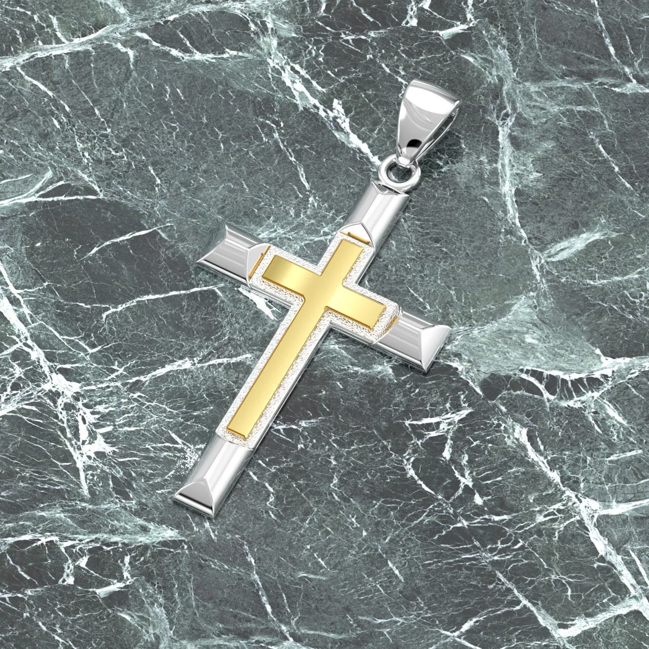 Ladies Solid 925 Sterling Silver and 14k Gold Cross High Polished Pendant Necklace, 32mm