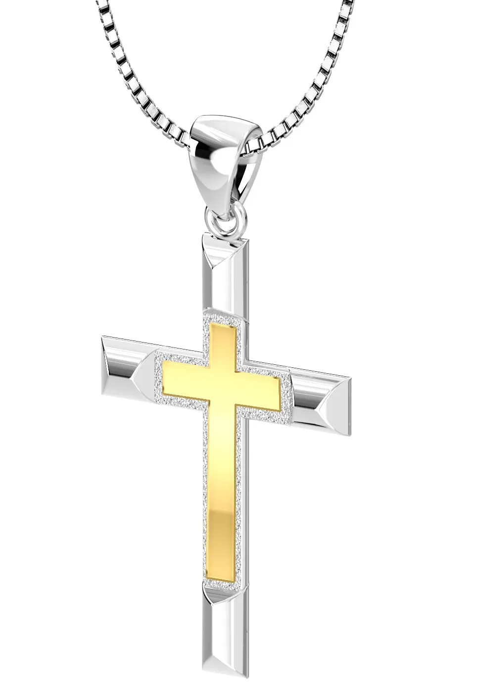 Ladies Solid 925 Sterling Silver and 14k Gold Cross High Polished Pendant Necklace, 32mm