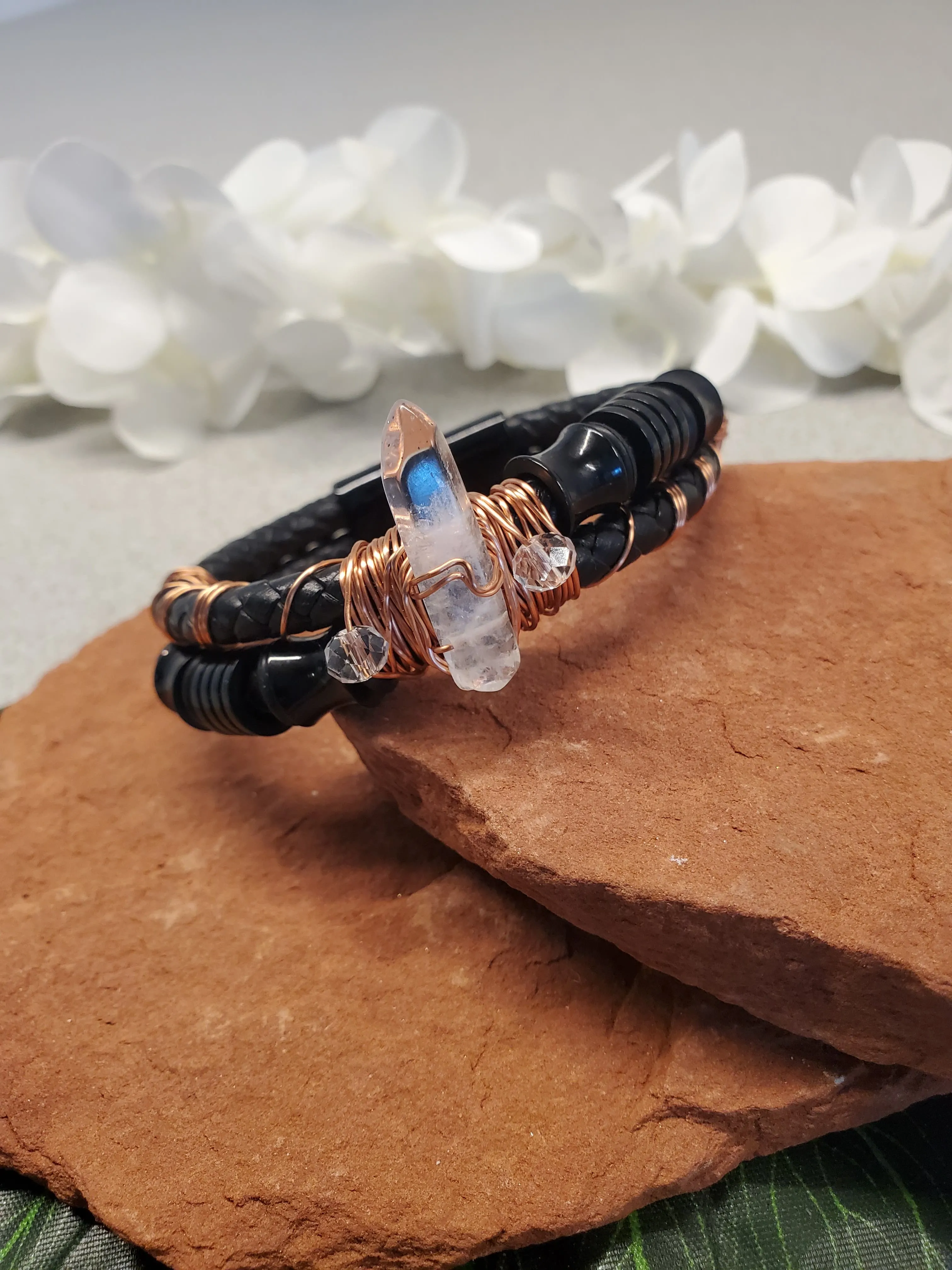 Leather Clear Quartz Bracelet One of a kind Crystal jewelry