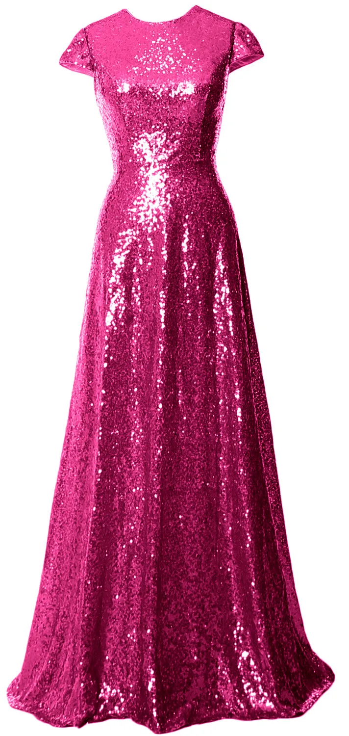 MACloth Women Cap Sleeves Long Sequin Mother Bride Dresses Bridesmaid BD