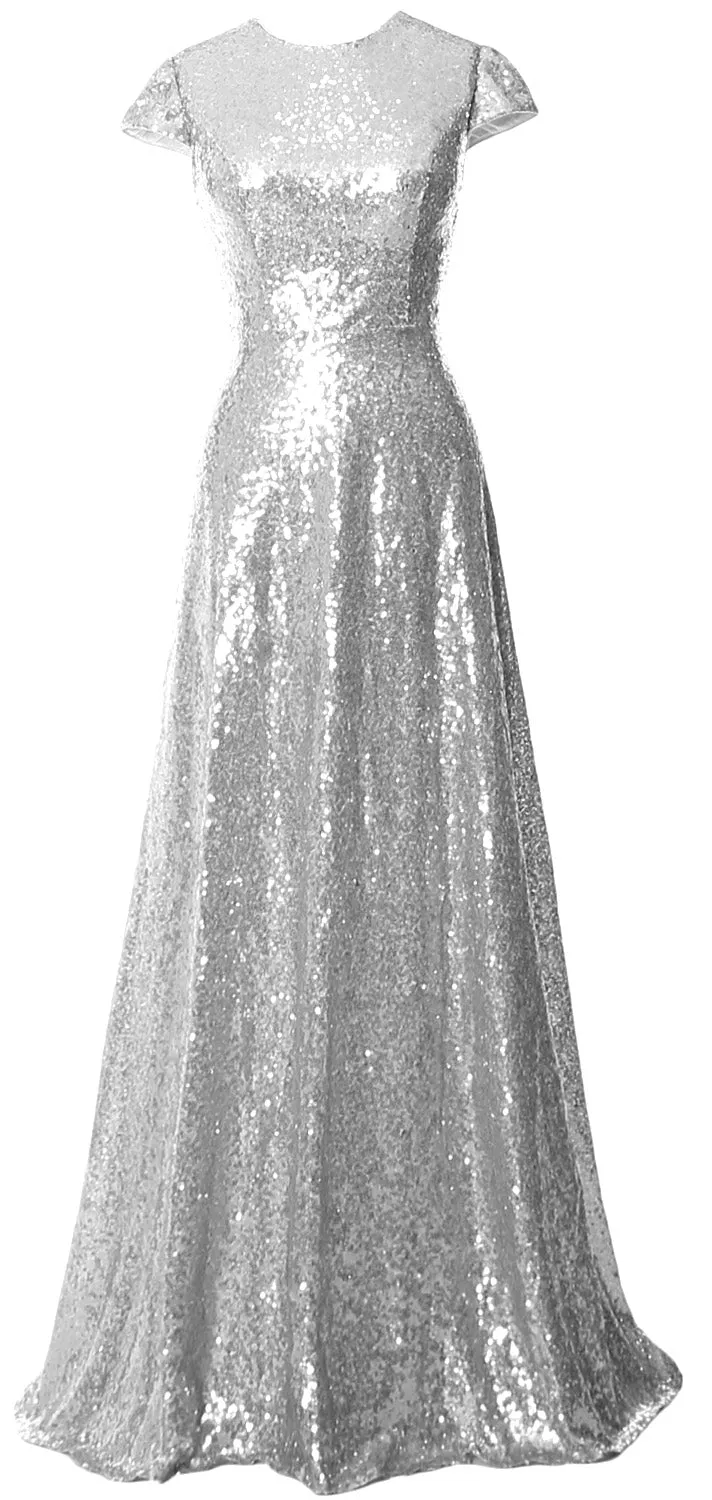 MACloth Women Cap Sleeves Long Sequin Mother Bride Dresses Bridesmaid BD