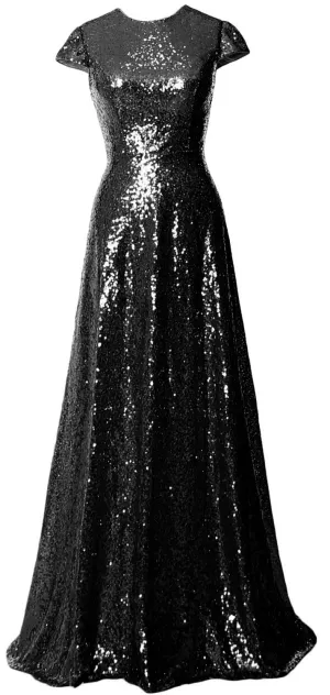 MACloth Women Cap Sleeves Long Sequin Mother Bride Dresses Bridesmaid BD