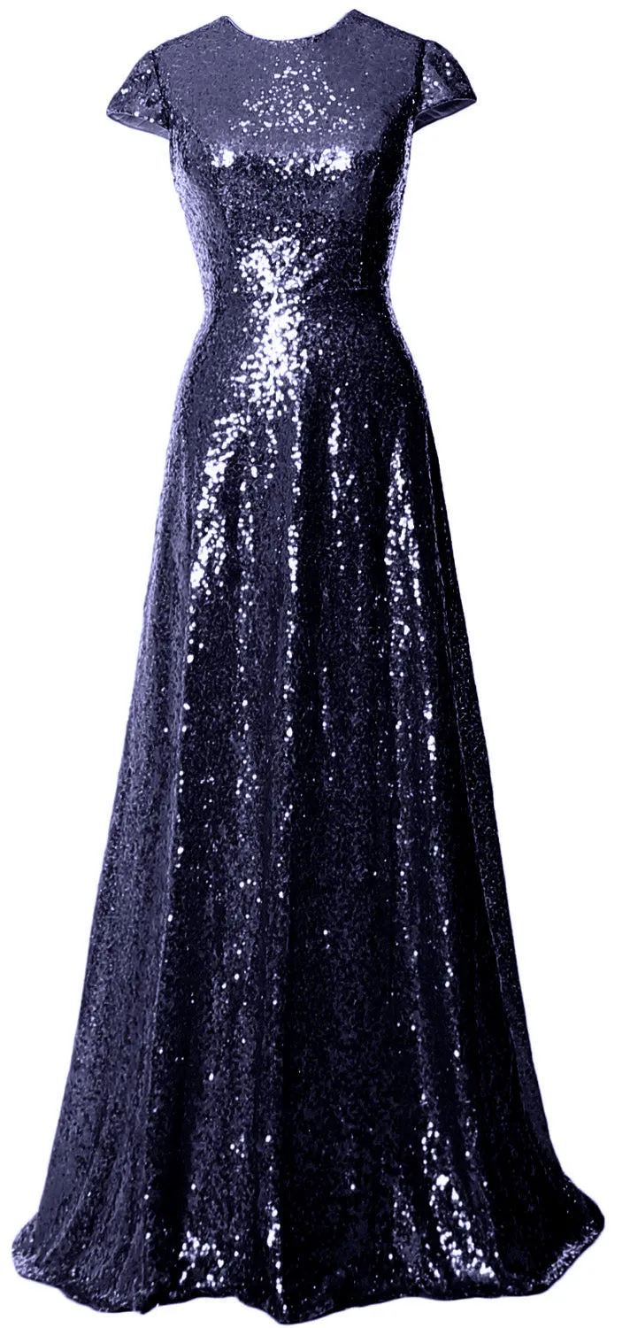 MACloth Women Cap Sleeves Long Sequin Mother Bride Dresses Bridesmaid BD