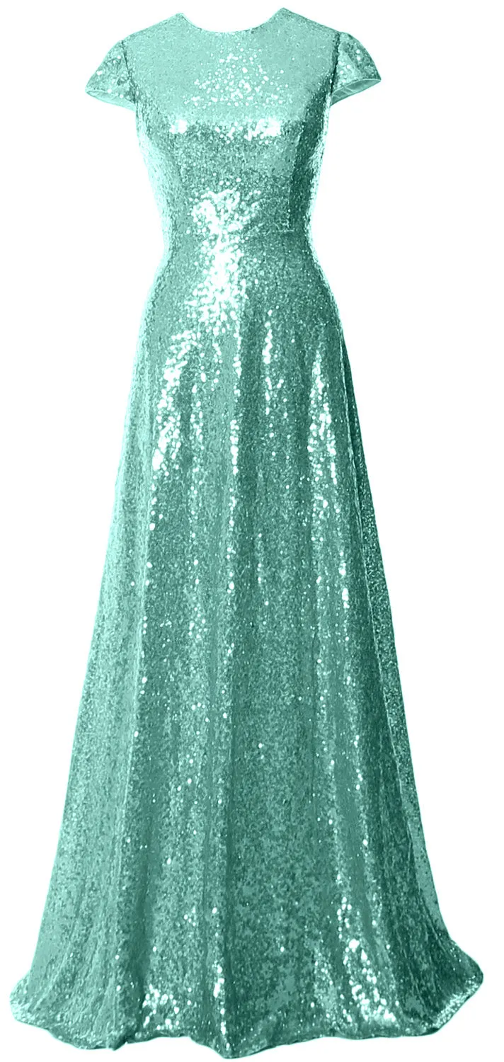 MACloth Women Cap Sleeves Long Sequin Mother Bride Dresses Bridesmaid BD